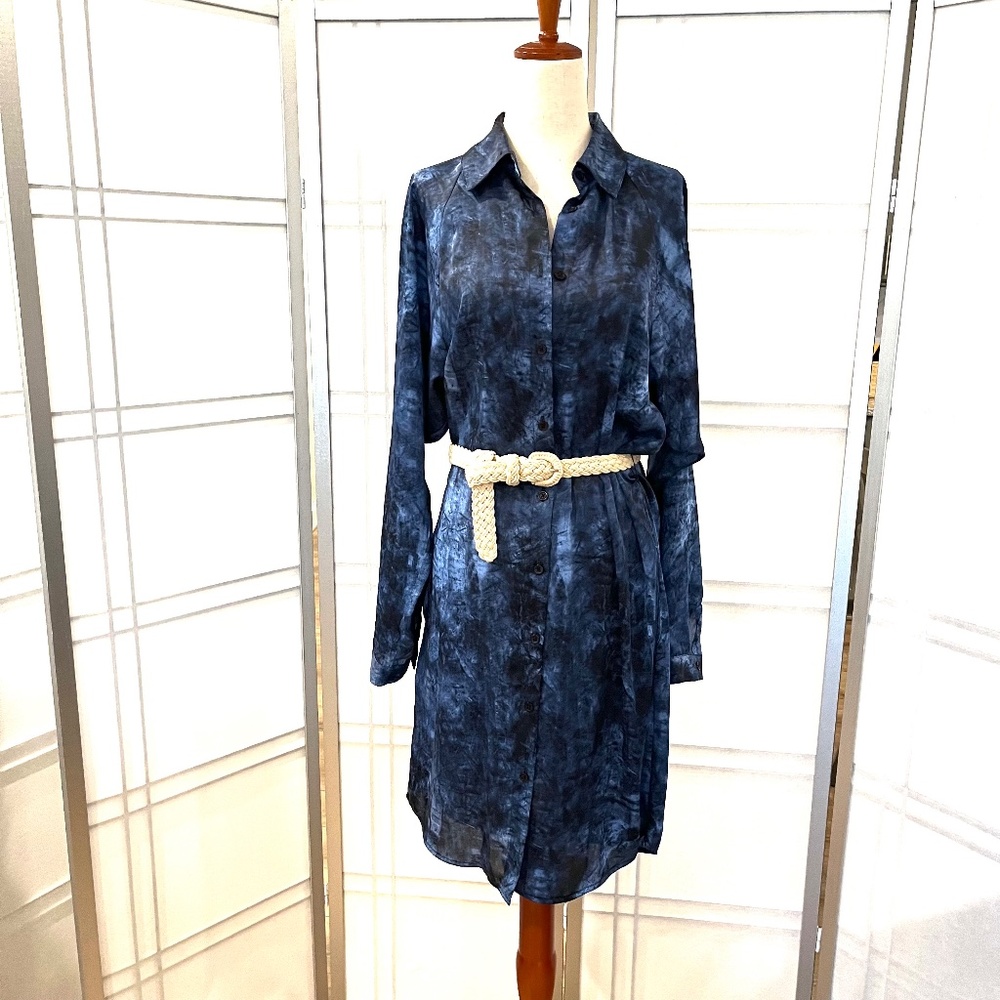 MICHAEL by MICHAEL KORS Blue Marble Like Design Longsleeve Shirt Dress with Belt